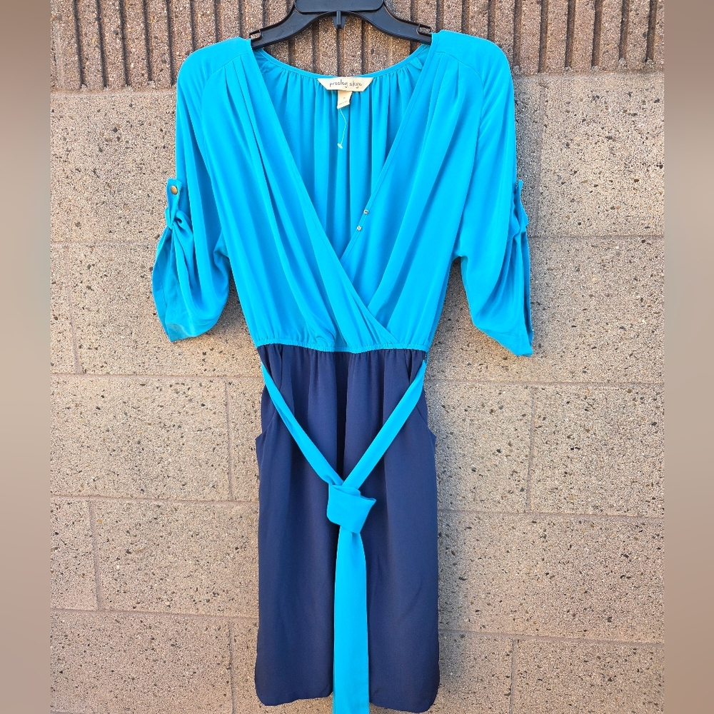 Presley Skye Turquoise Top Navy Skirt Two-Tone Midi Dress-Size S - 100% SILK